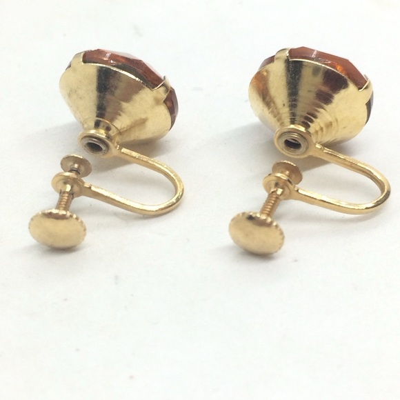 3/$30 VINTAGE AMBER COLOR GLASS SCREWBACK EARRINGS GOLD TONE CLIP RHINESTONE - Picture 16 of 16